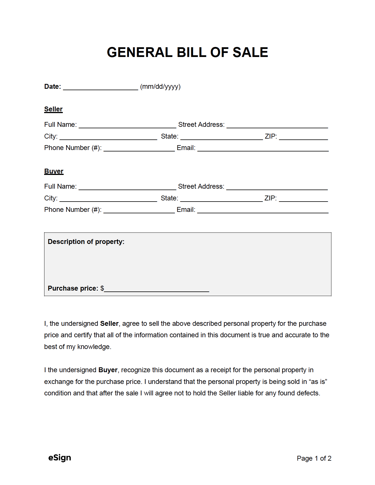 Bill Of Sale Form Printable