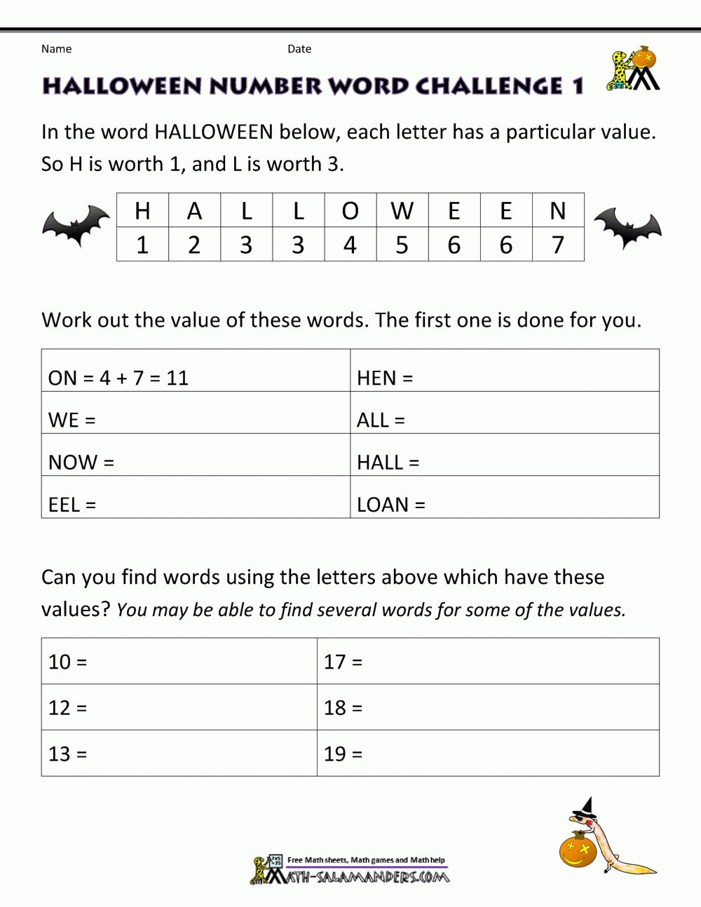 Printable Halloween Math Worksheets