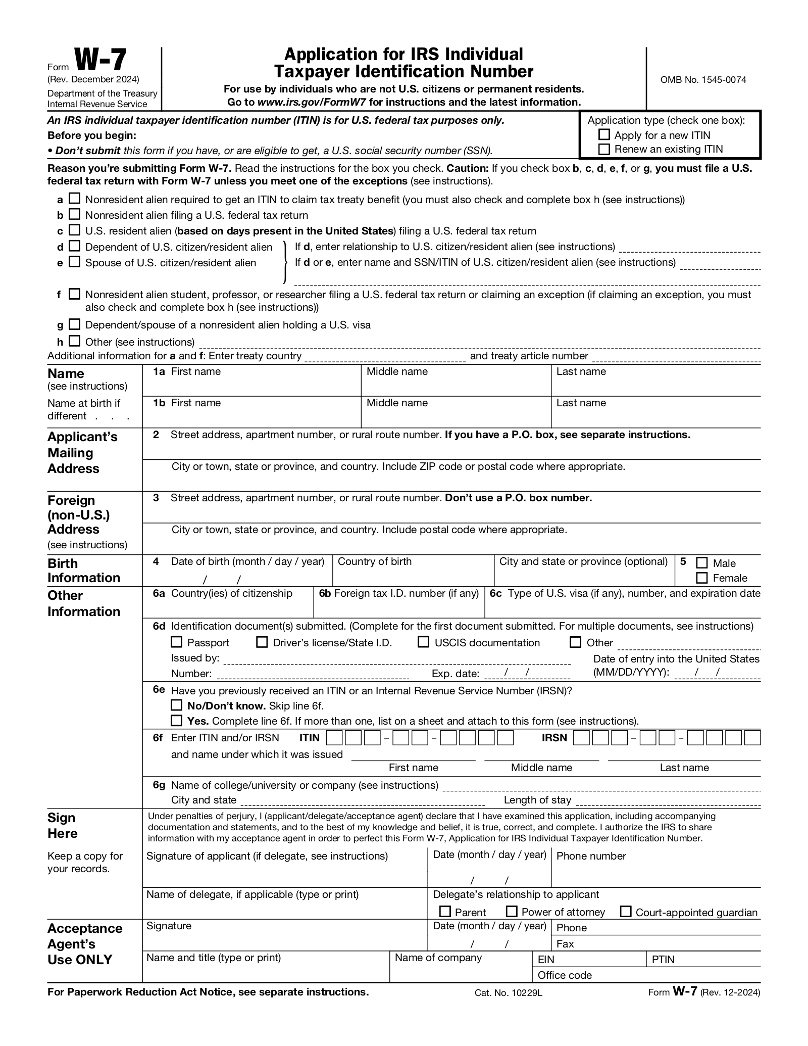 Free IRS Form W7 ITIN Application PDF EForms