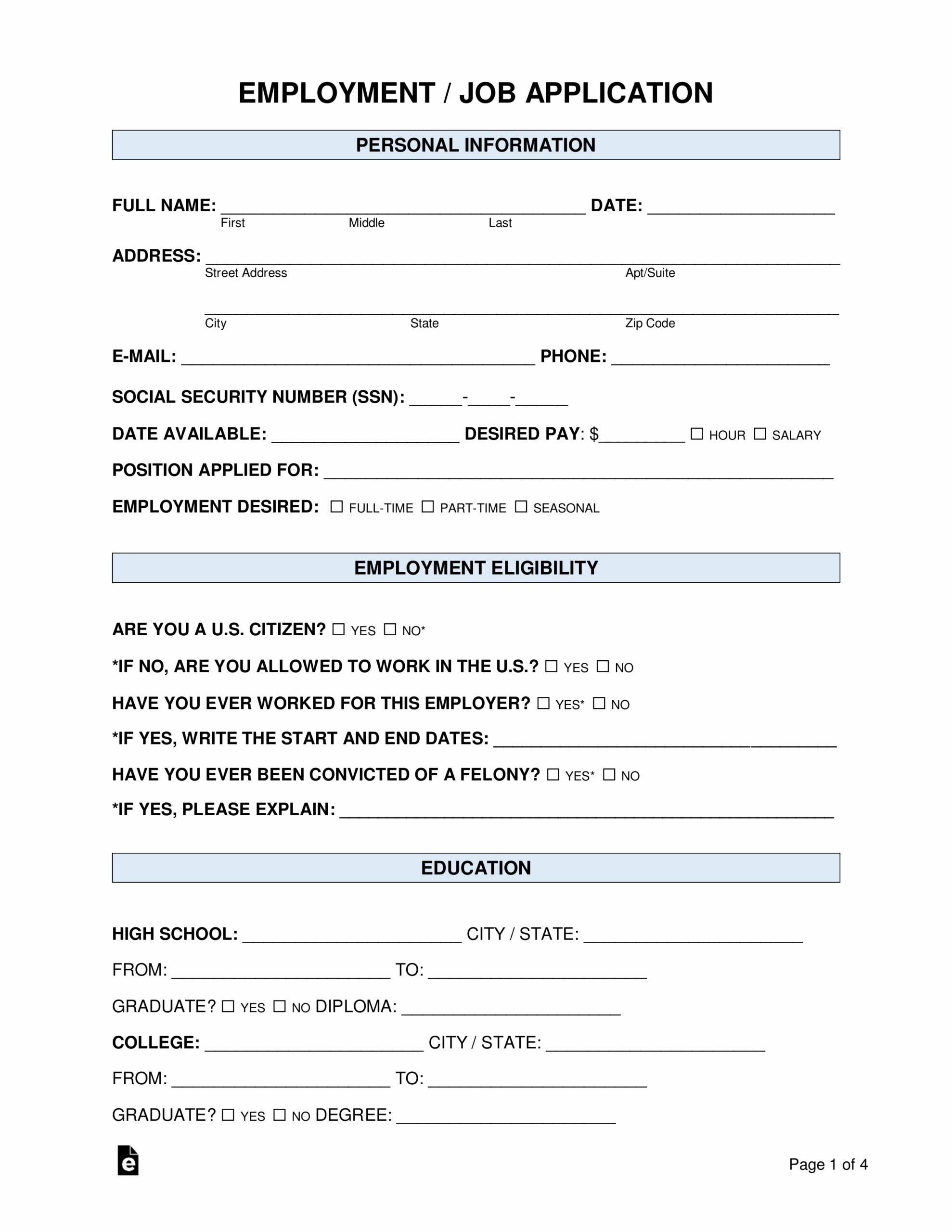 Free Job Application Form standard Template PDF Word 