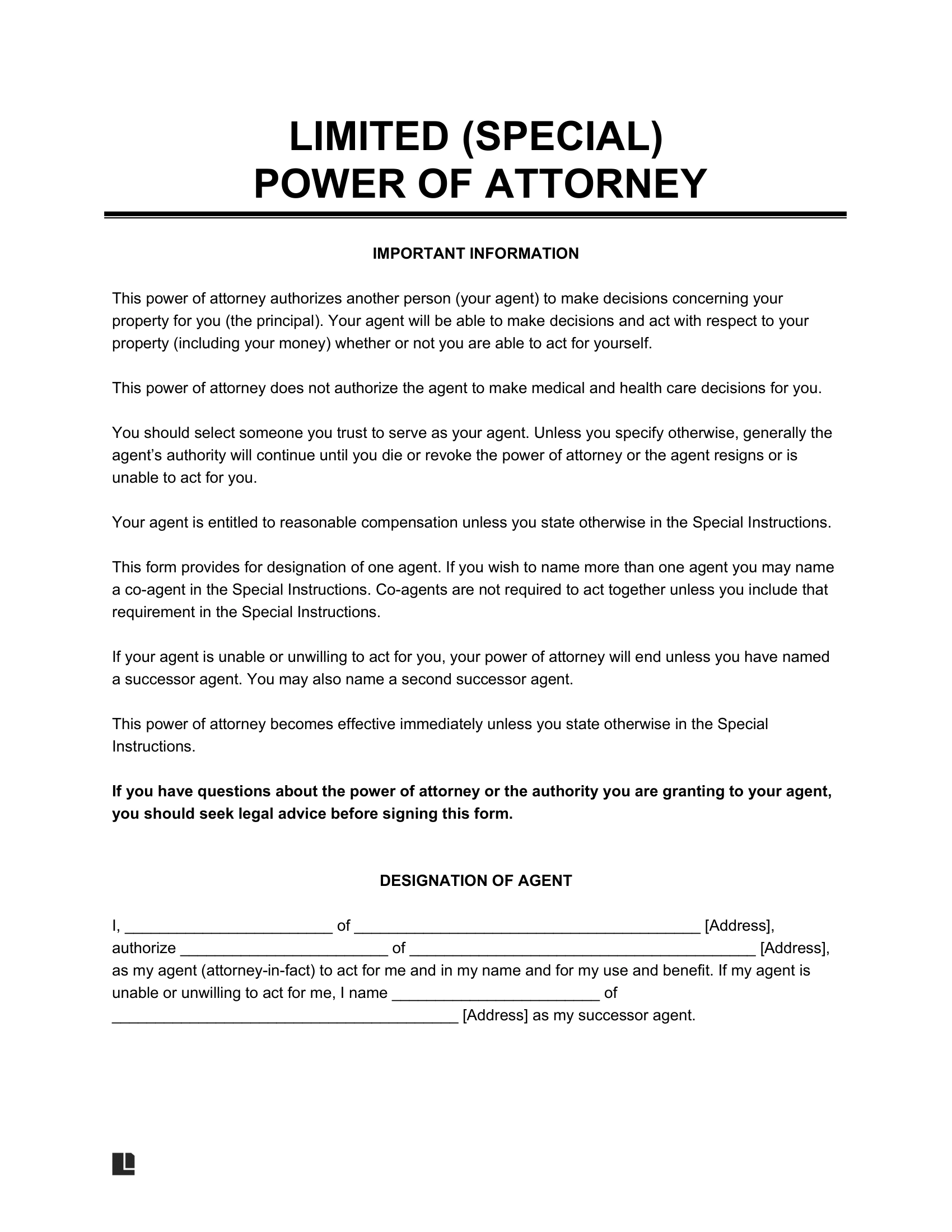 Free Limited Special Power Of Attorney Form PDF amp Word