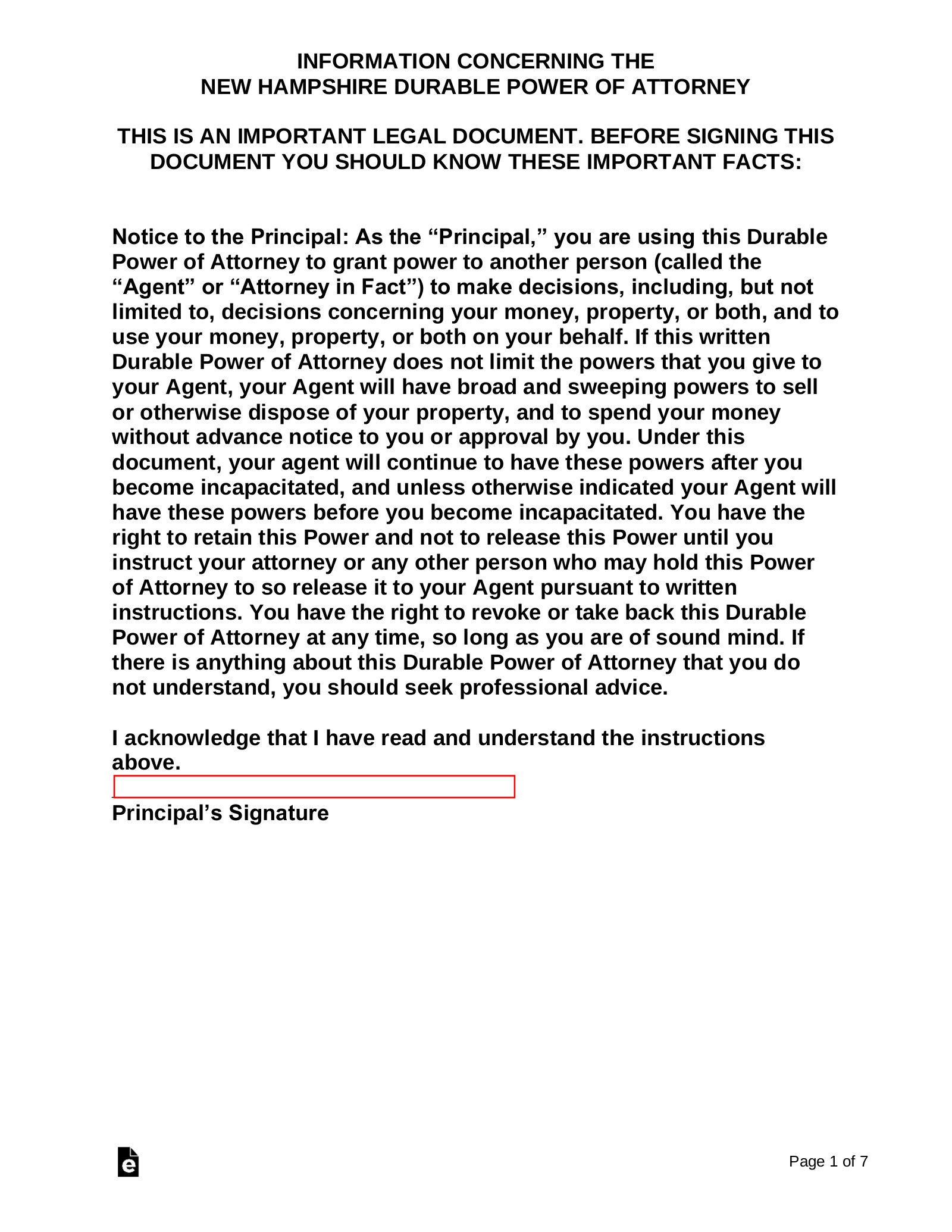Free New Hampshire Durable Statutory Power Of Attorney Form 