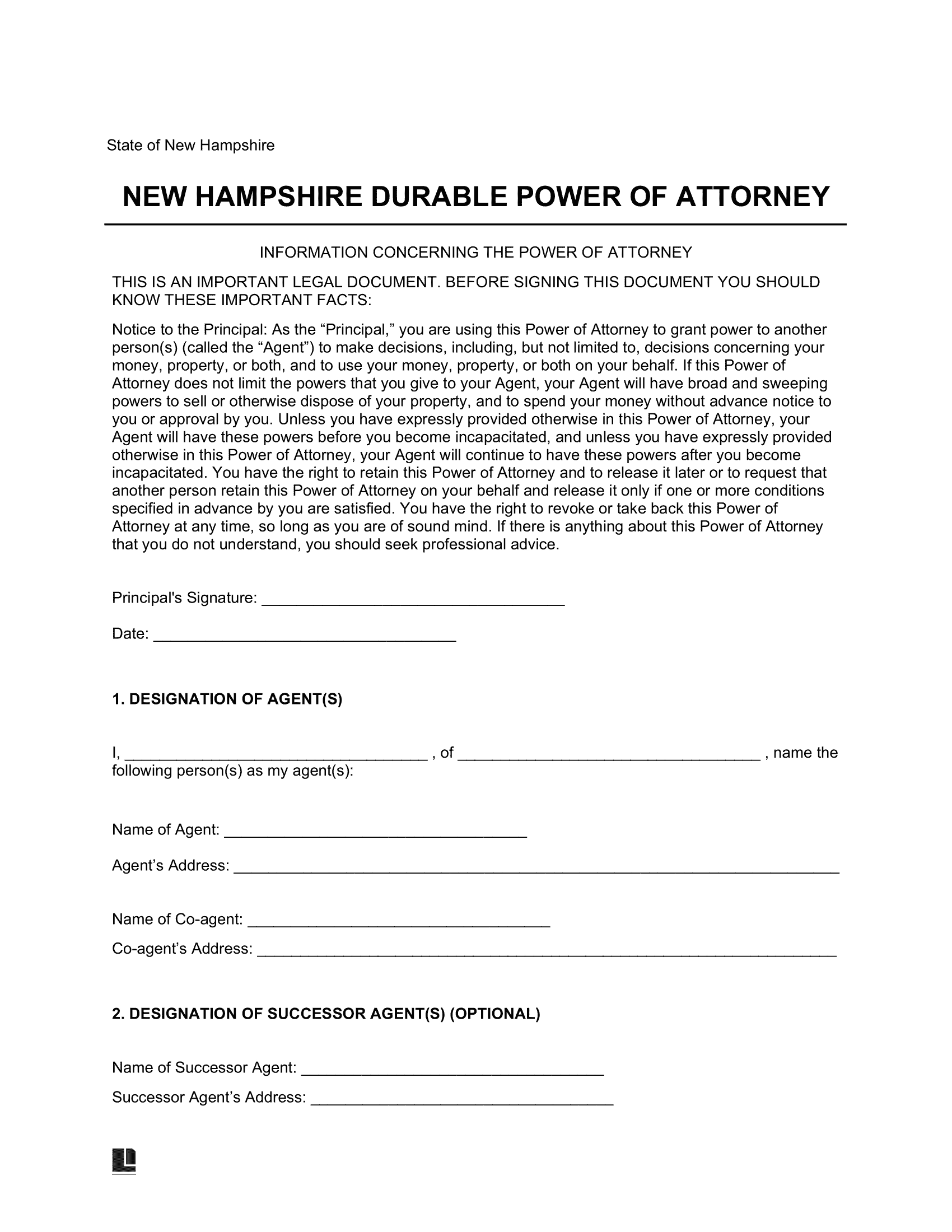 Free New Hampshire Durable Statutory Power Of Attorney Form 