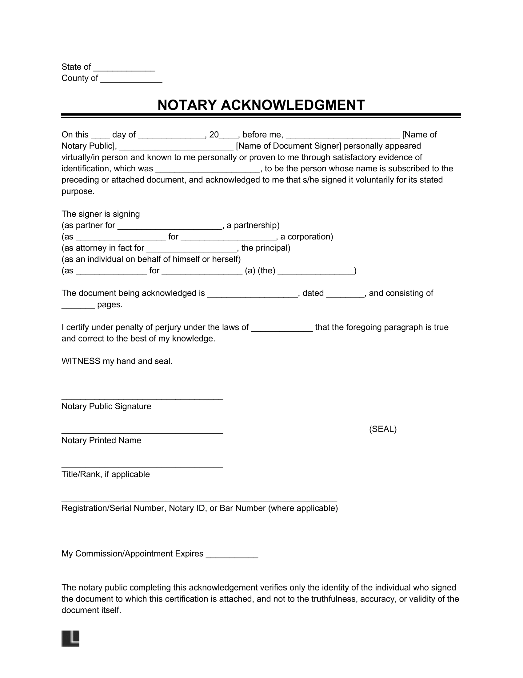 Free Notary Acknowledgment Form PDF amp Word