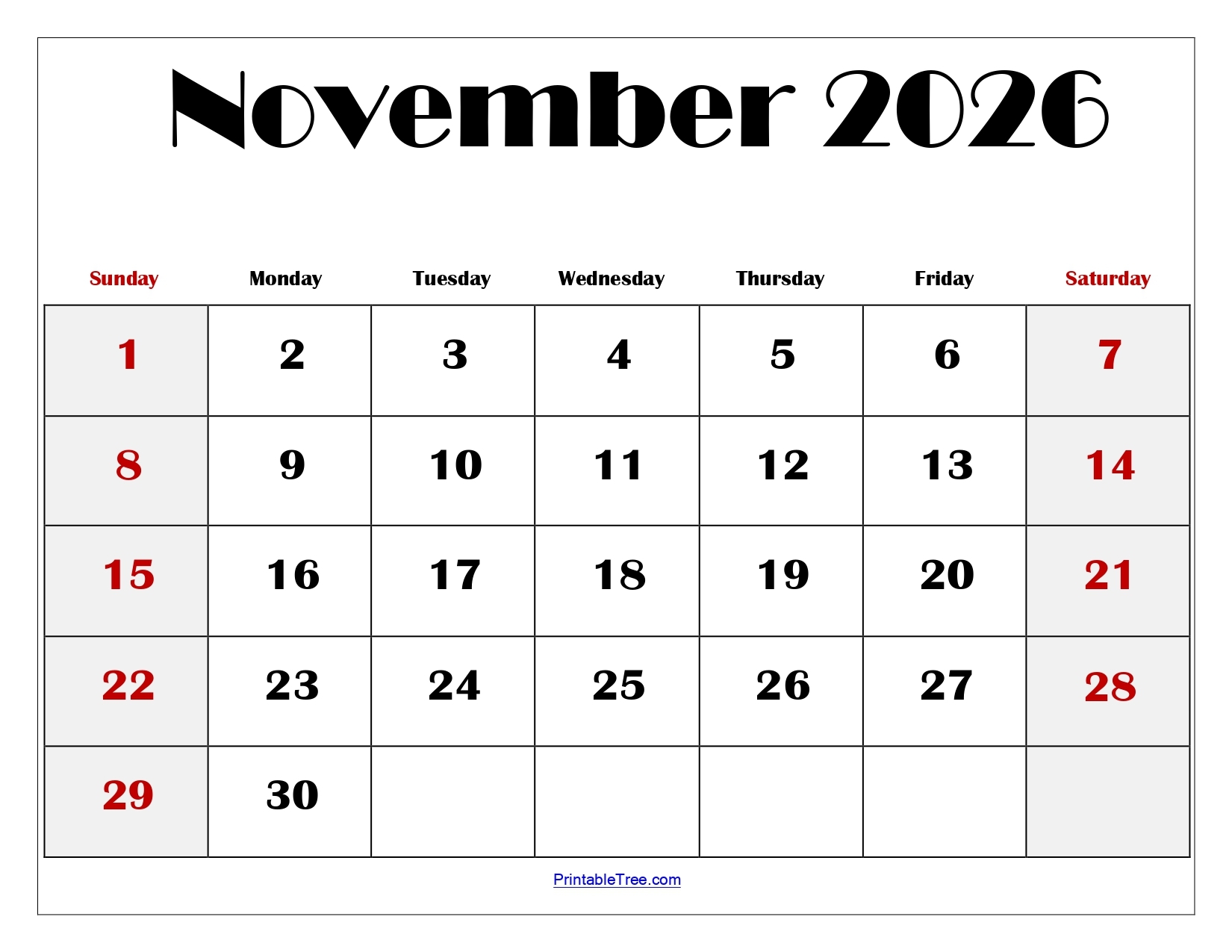Calendar 2026 Printable Word November