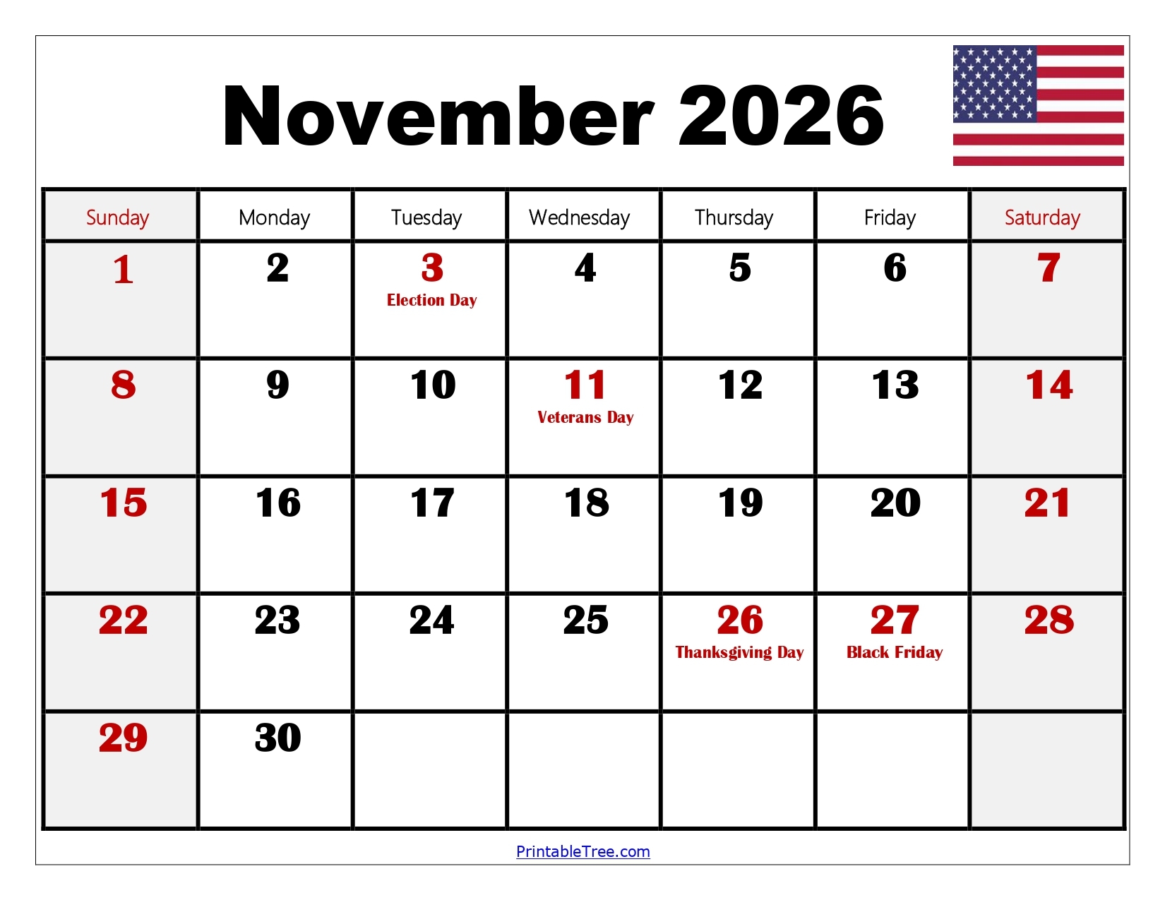 Blank Calendar November 2026 Free Printable