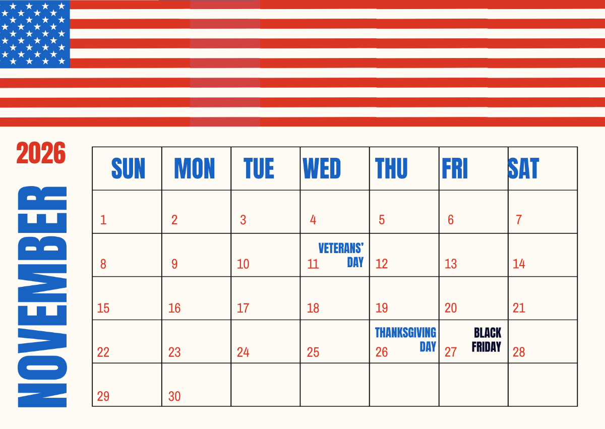 November 2026 Calendar With Holidays Usa