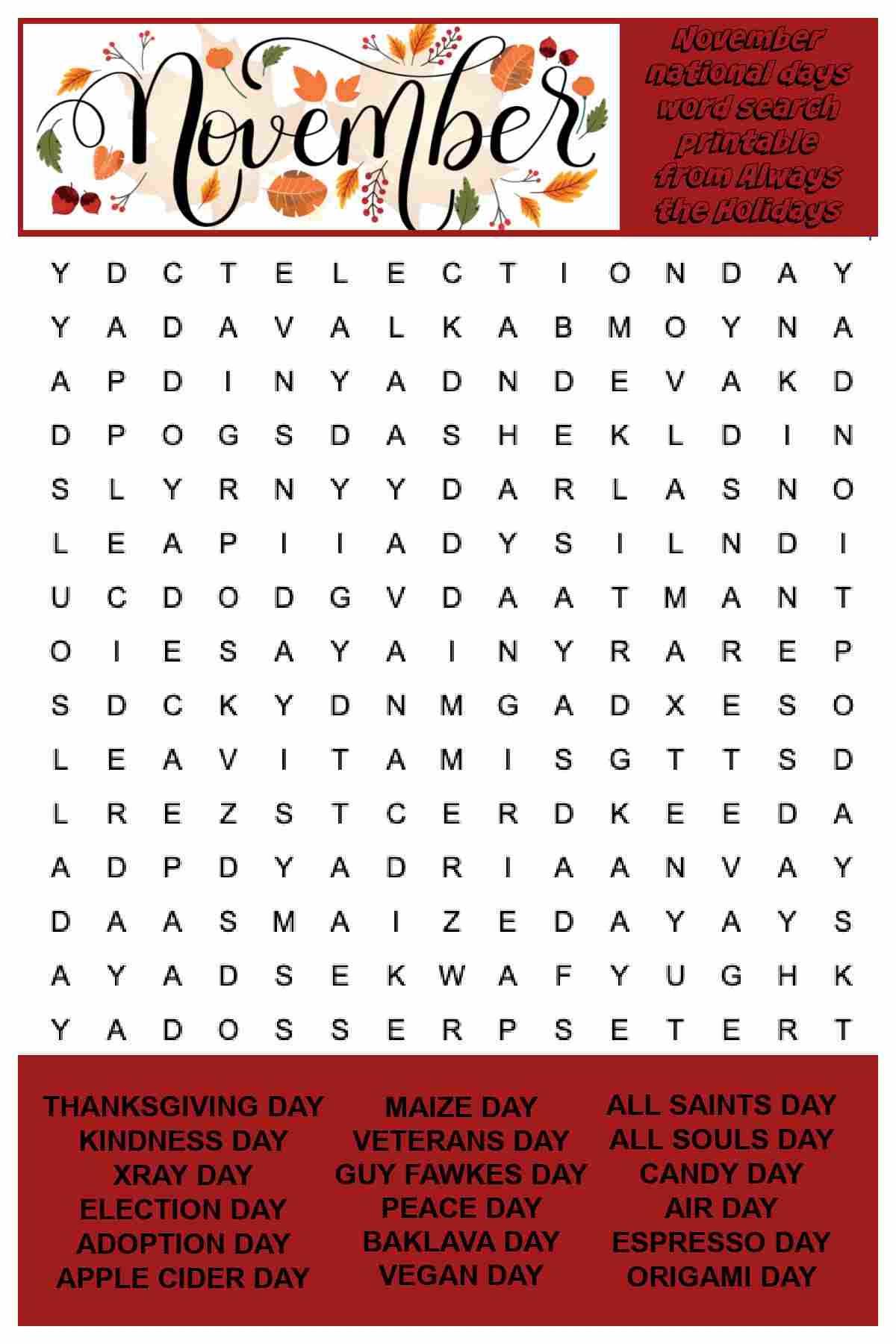 Free Printable November Word Search Puzzles