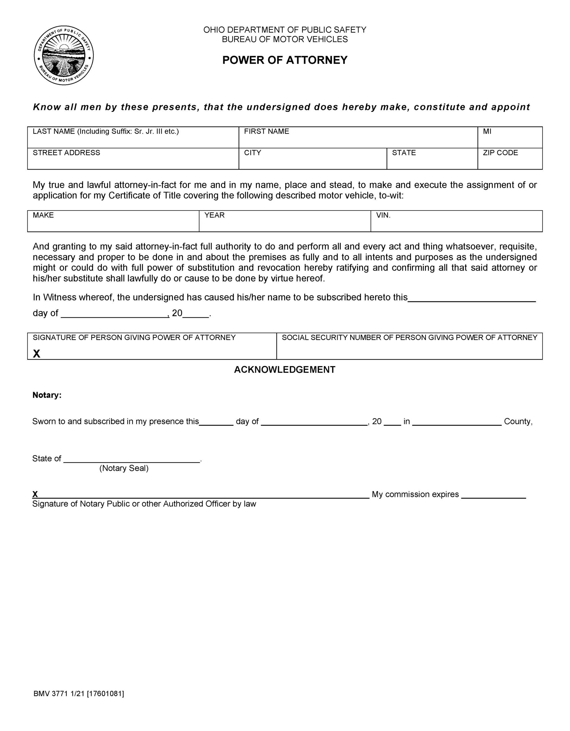 Free Ohio Motor Vehicle Power Of Attorney Form BMV 3771 PDF