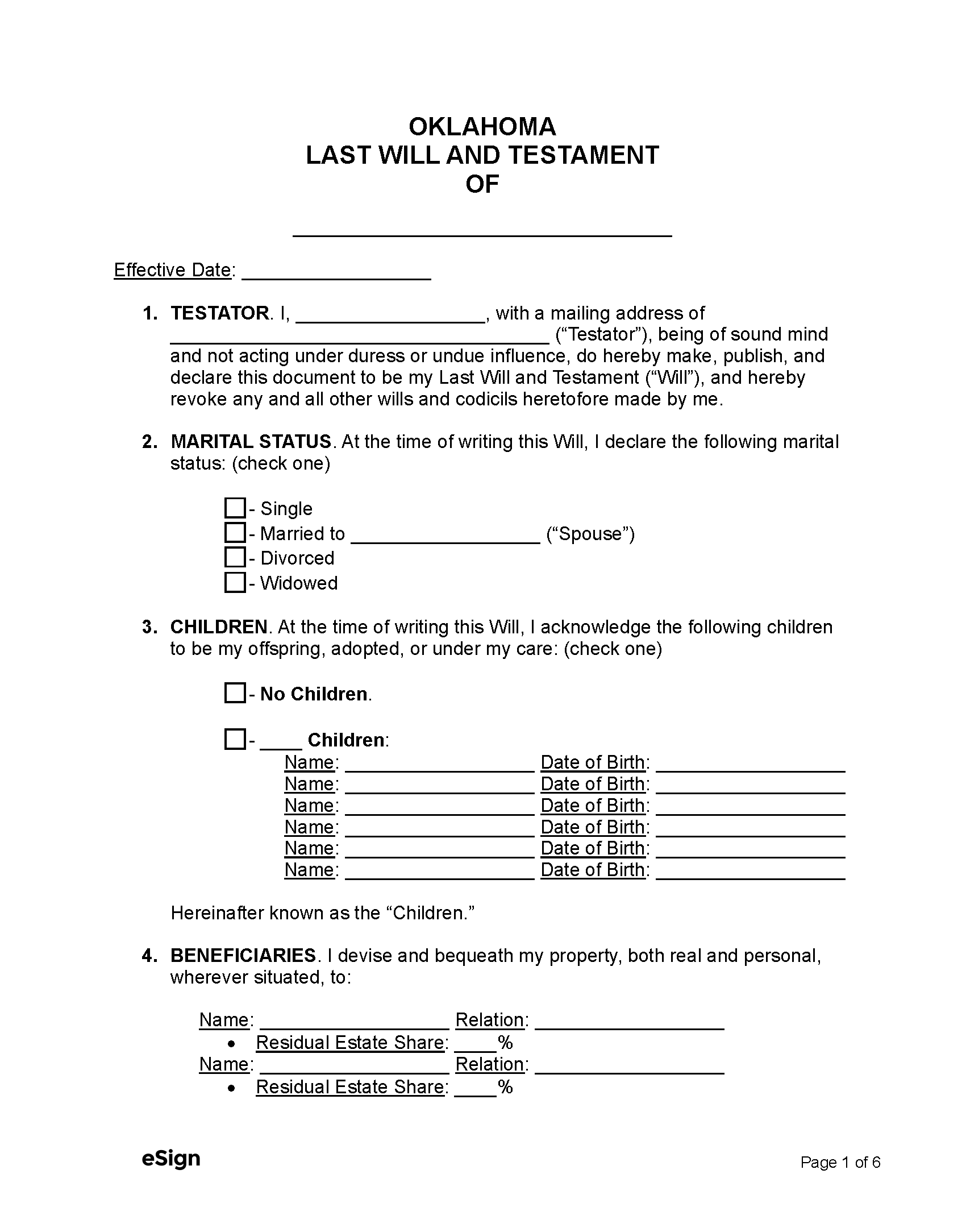 Free Oklahoma Last Will And Testament Template PDF Word