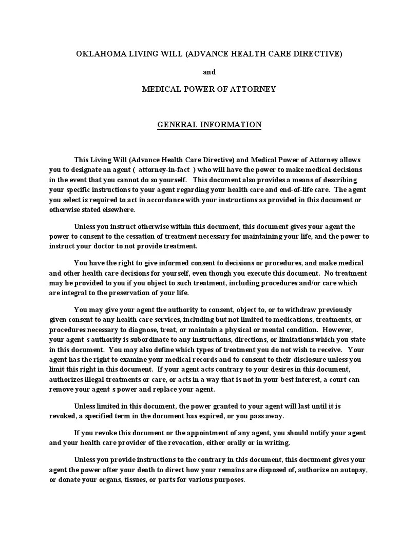Free Oklahoma Living Will Form FormsPal