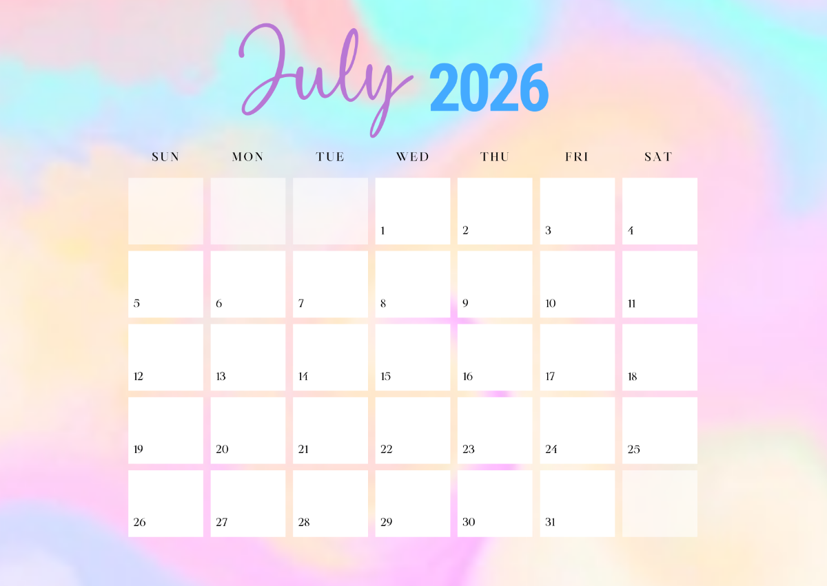 Blank July 2026 Calendar Editable