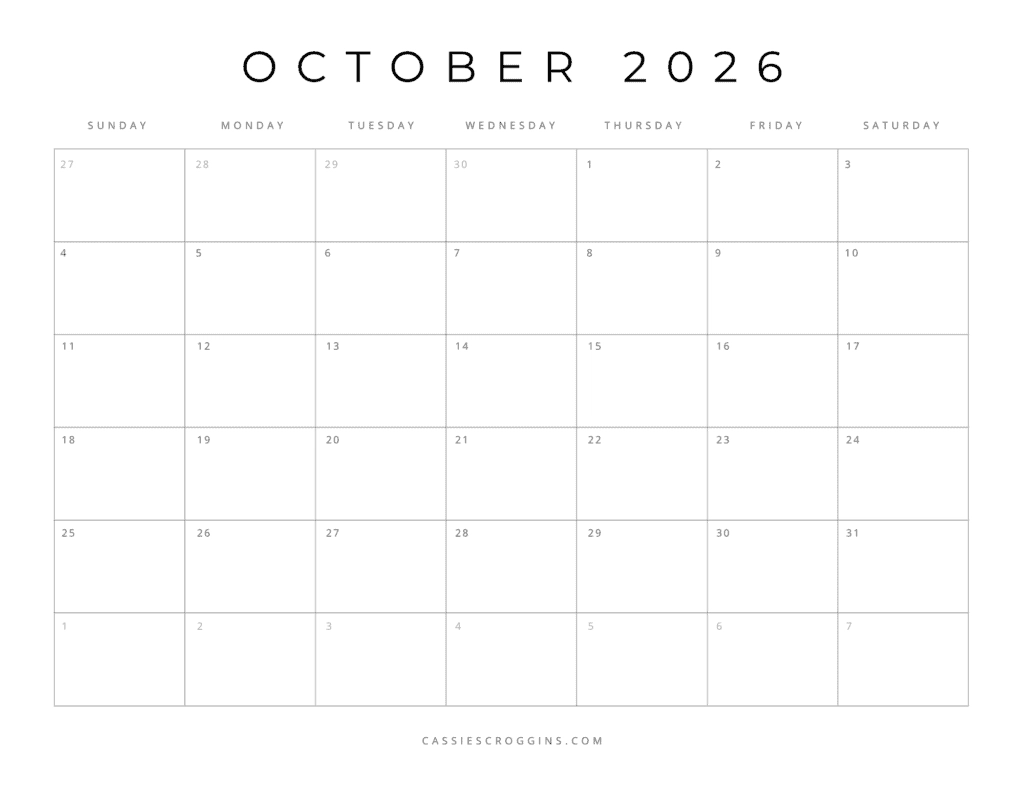 Blank Monthly Calendar Printable Oct 2026