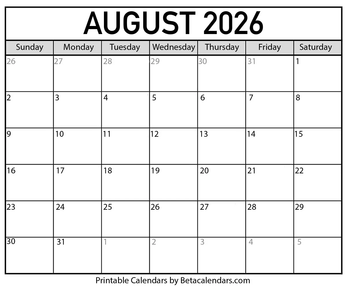 Free Printable August 2026 Calendar