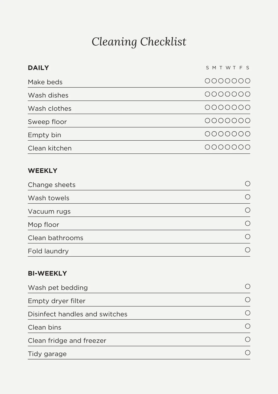 Printable House Cleaning Schedule Template