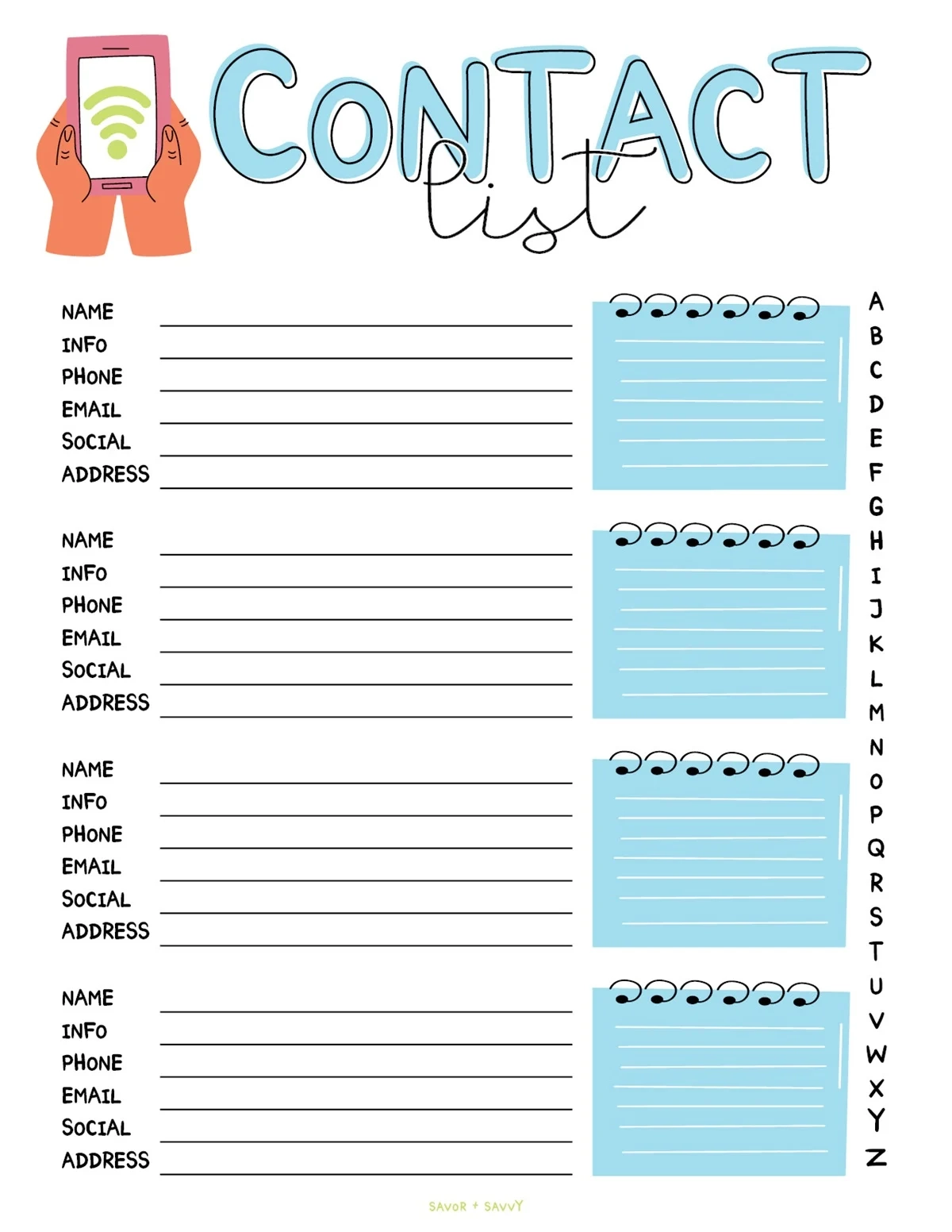 Free Printable Contact List Templates Savor Savvy