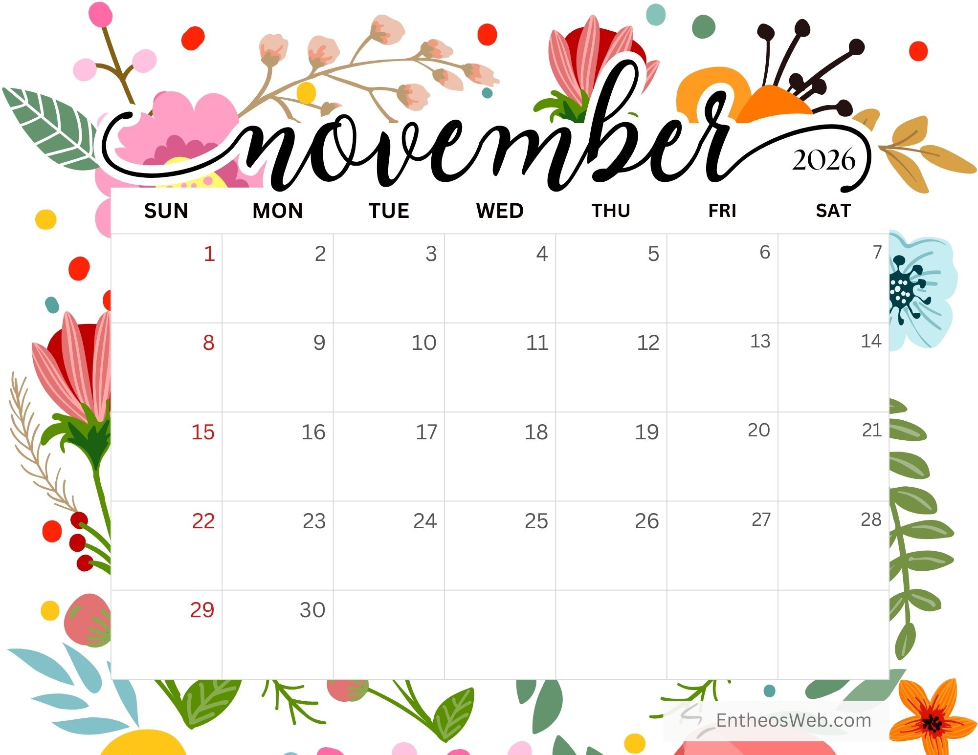 November Calendar 2026 Watercolor Printable Wallpaper