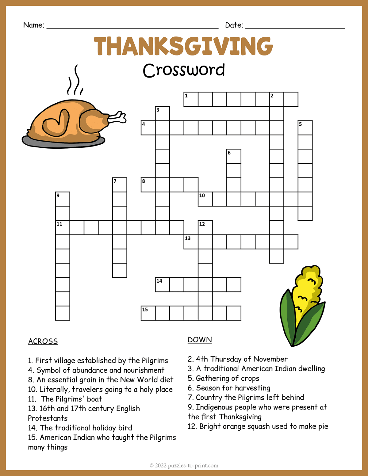 Thanksgiving Printable Crossword Puzzles