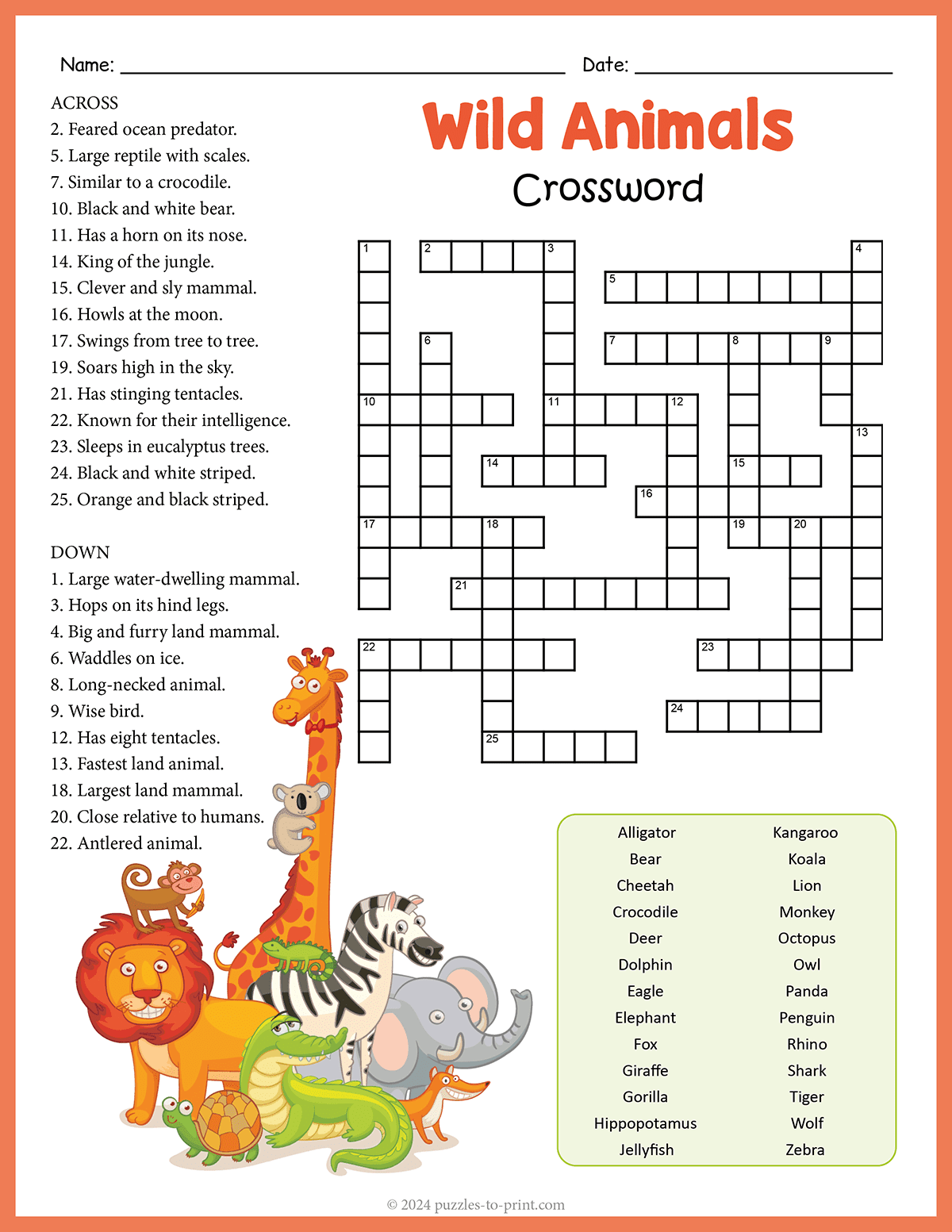 Animal Printable Crossword Puzzles For Kids