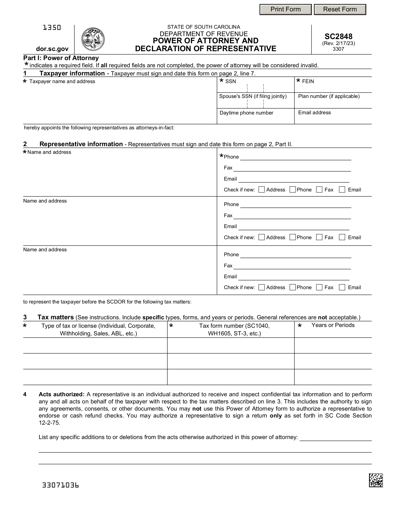 Free South Carolina Tax Power Of Attorney Form SC 2848 PDF 