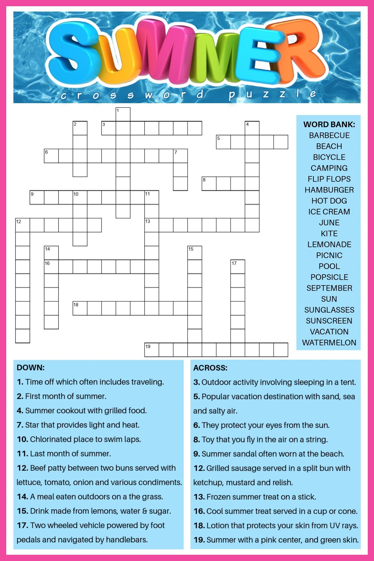 Summer Printable Crossword Puzzle