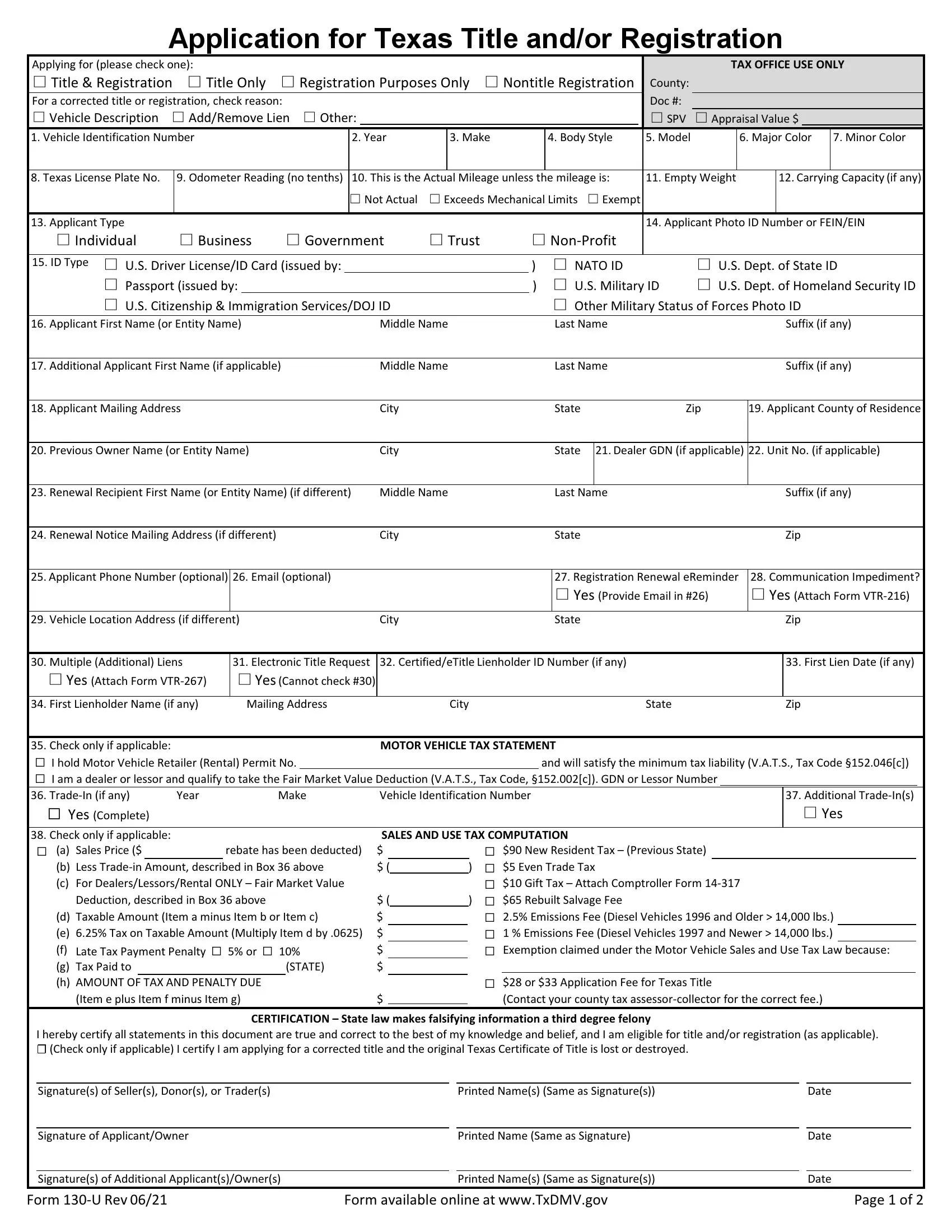 130 U Form Free Printable
