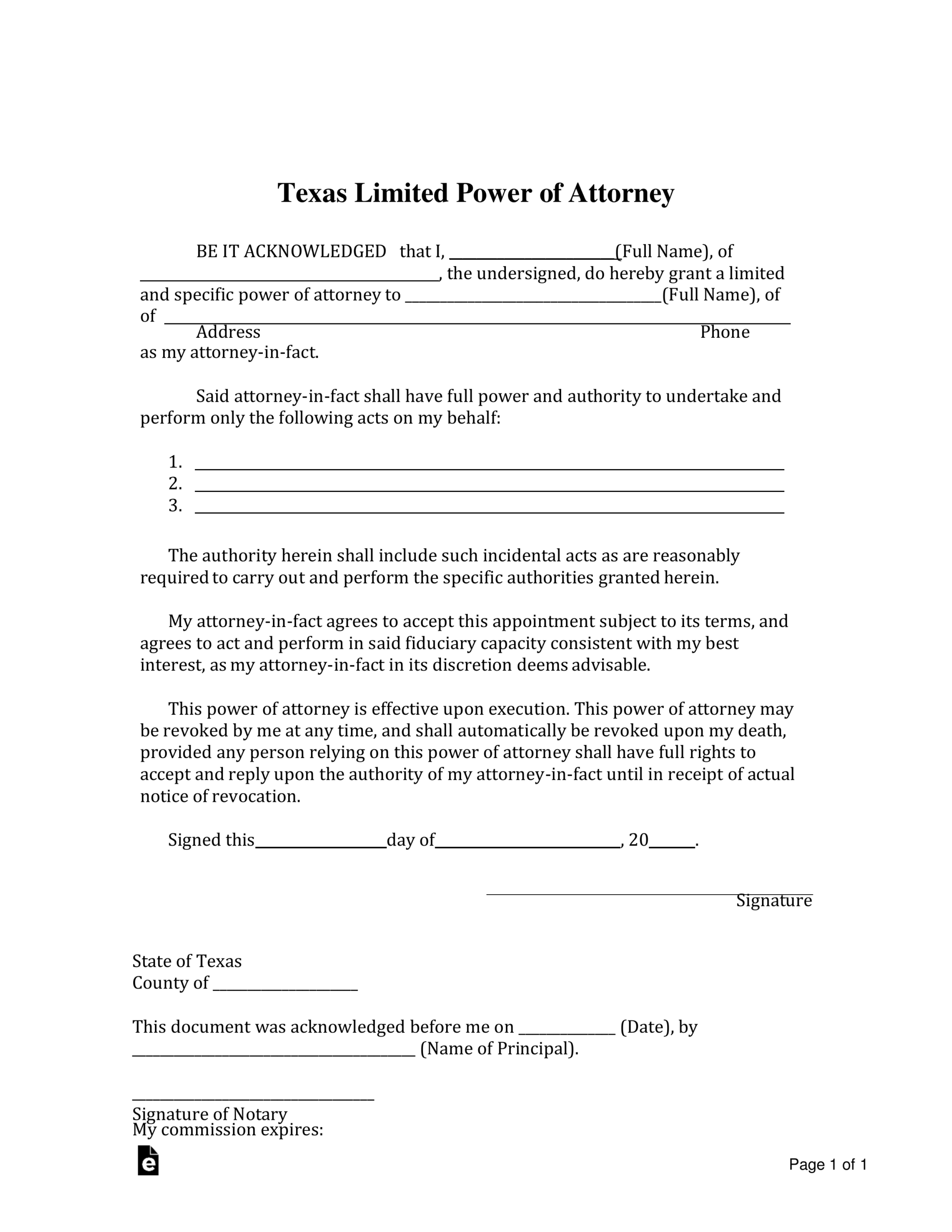 Printable Form For Power Of Attorney Texas