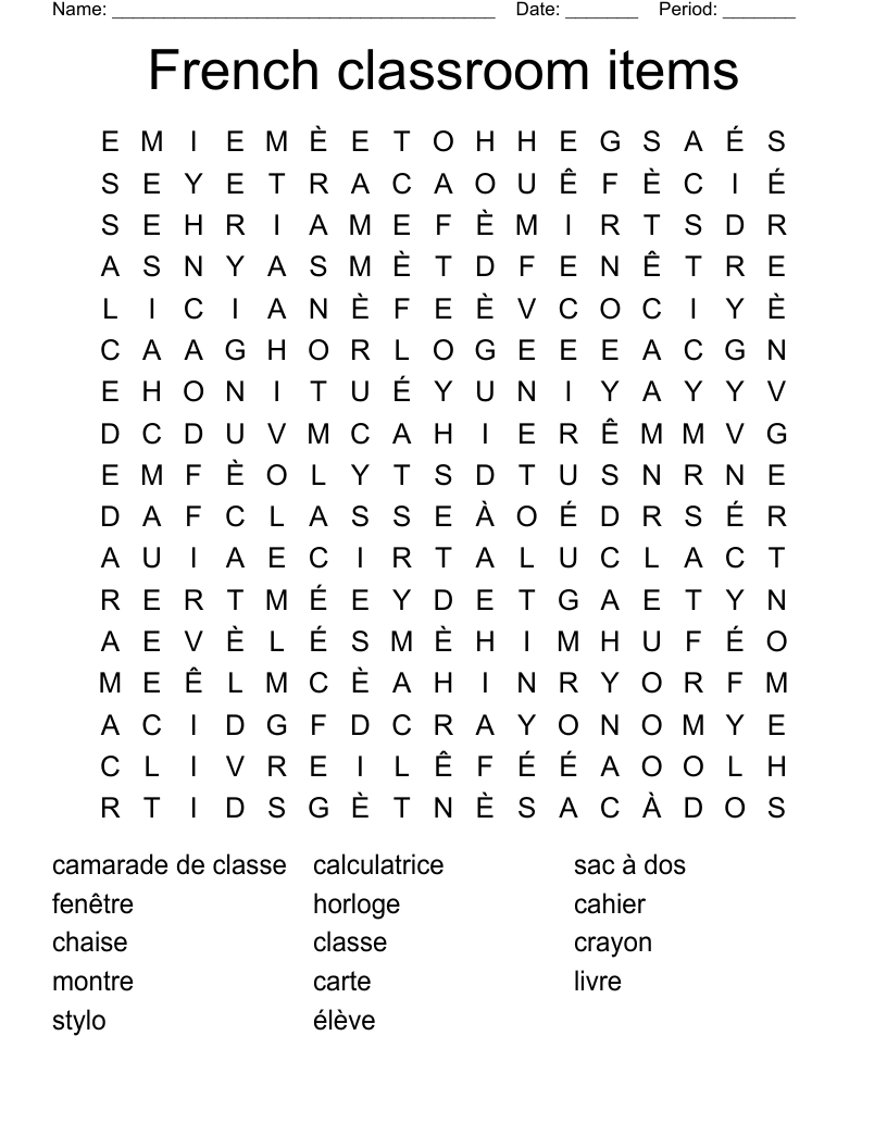 French Classroom Items Word Search WordMint
