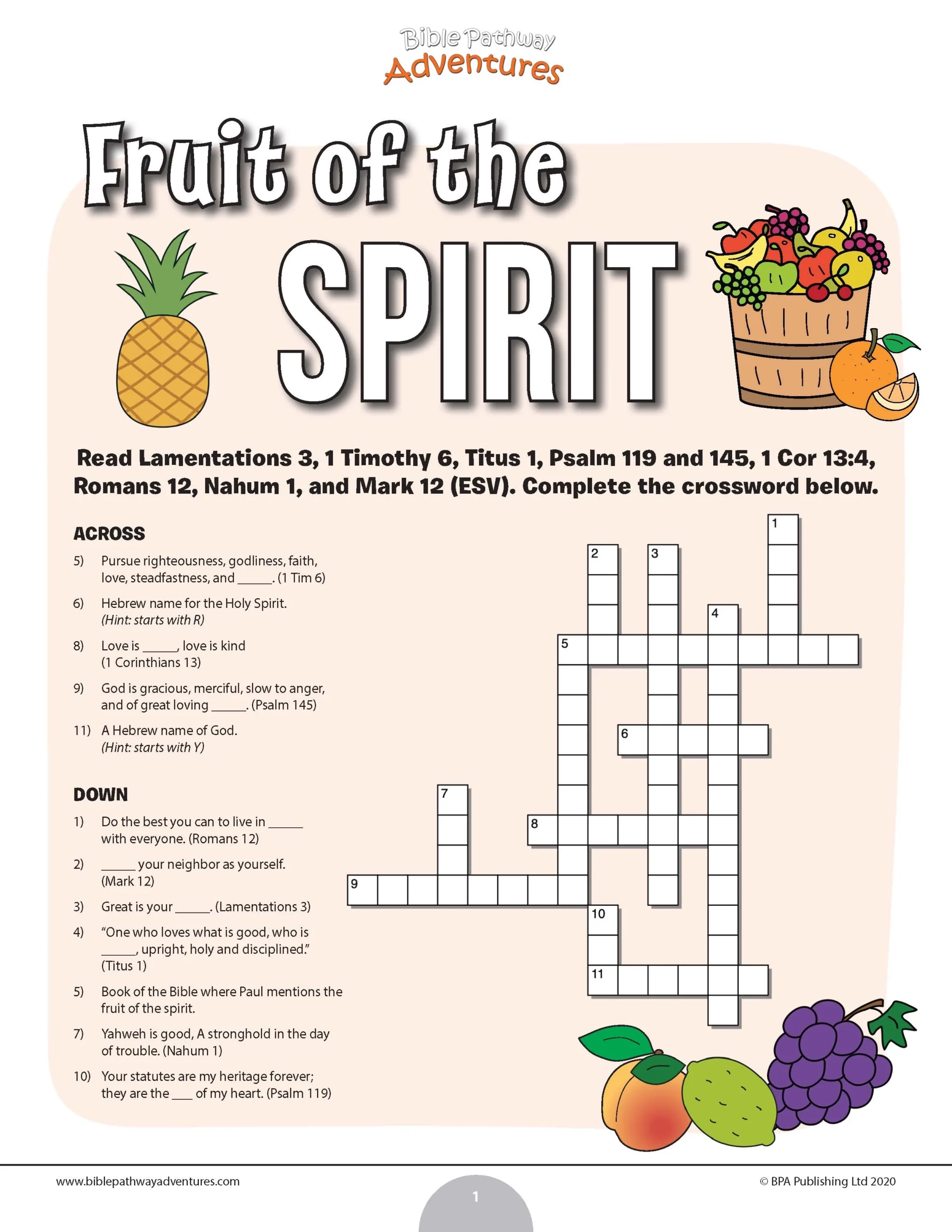 Fruit Of The Spirit Bible Crossword Puzzle PDF Bible Pathway 