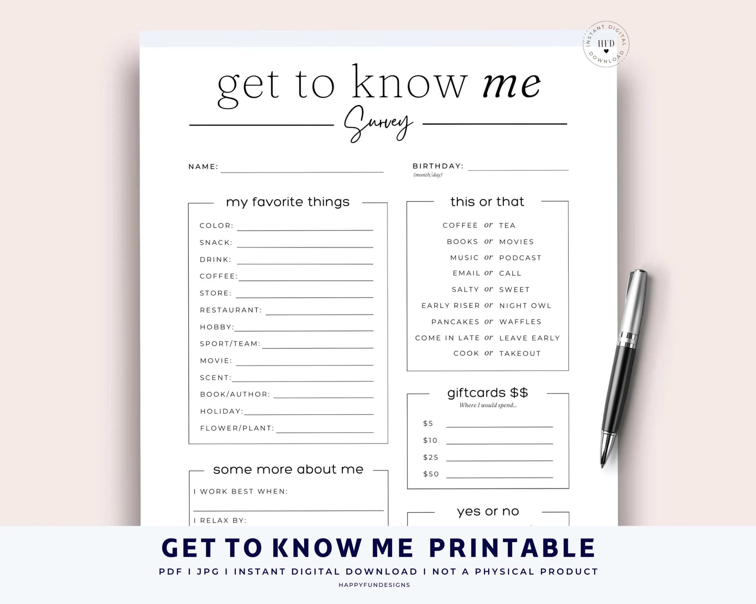 Get To Know Me Printable Work Exchange Gift Editable Survey All 