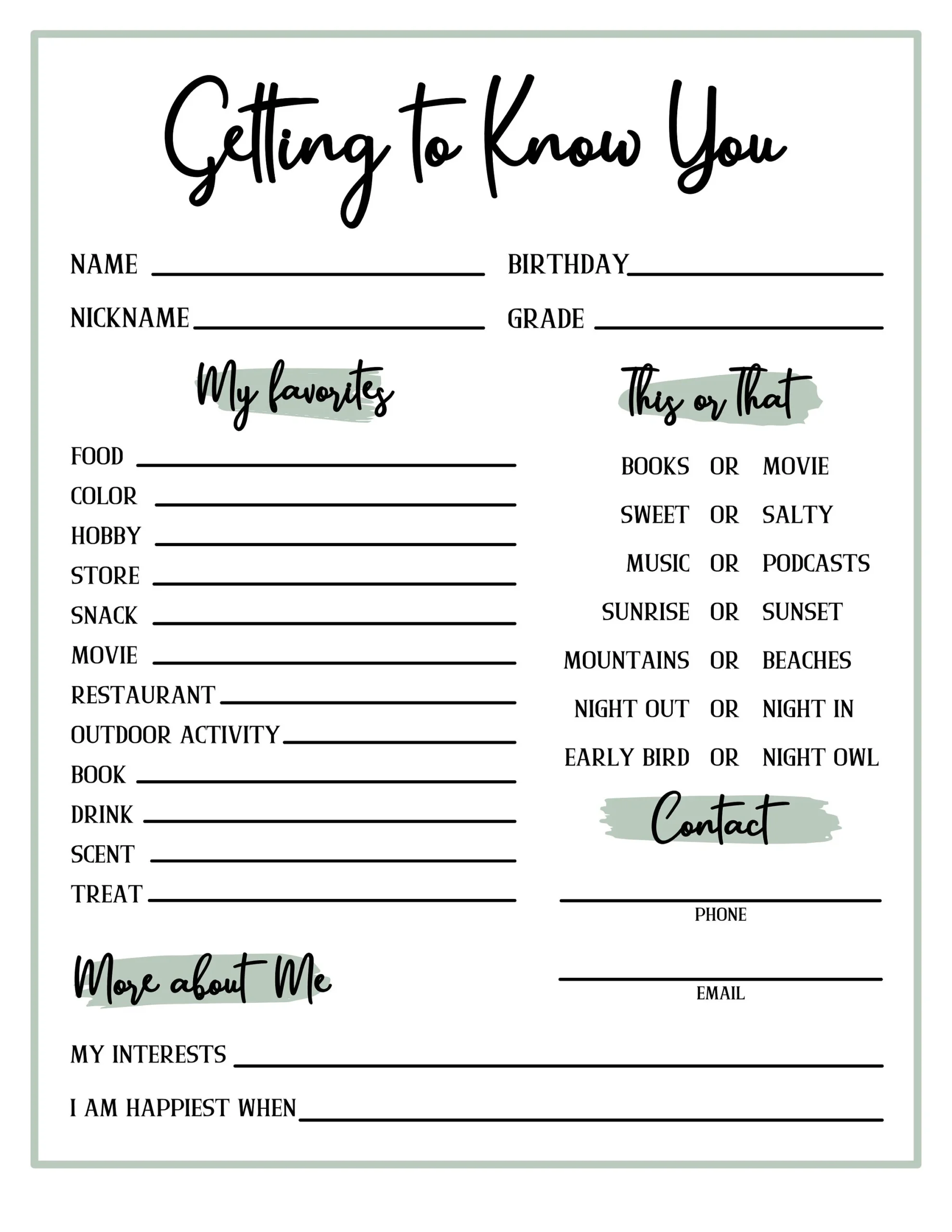 Free Printable Get To Know You Worksheet