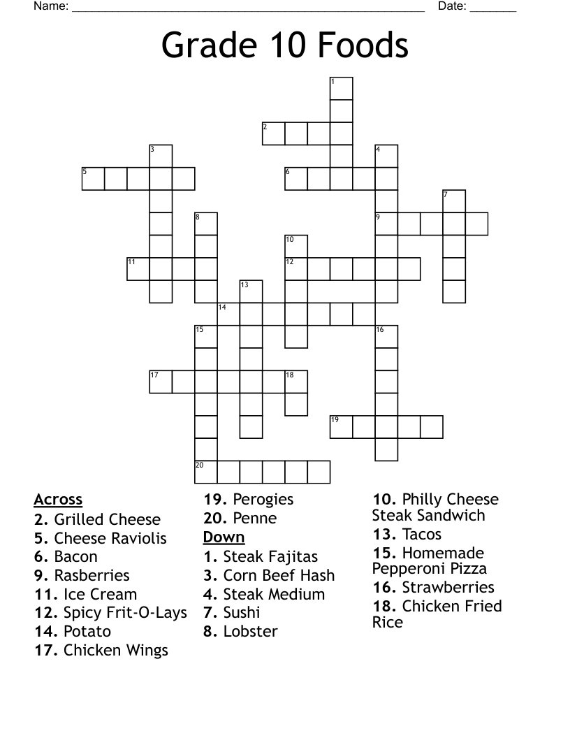 Grade 10 Foods Crossword WordMint