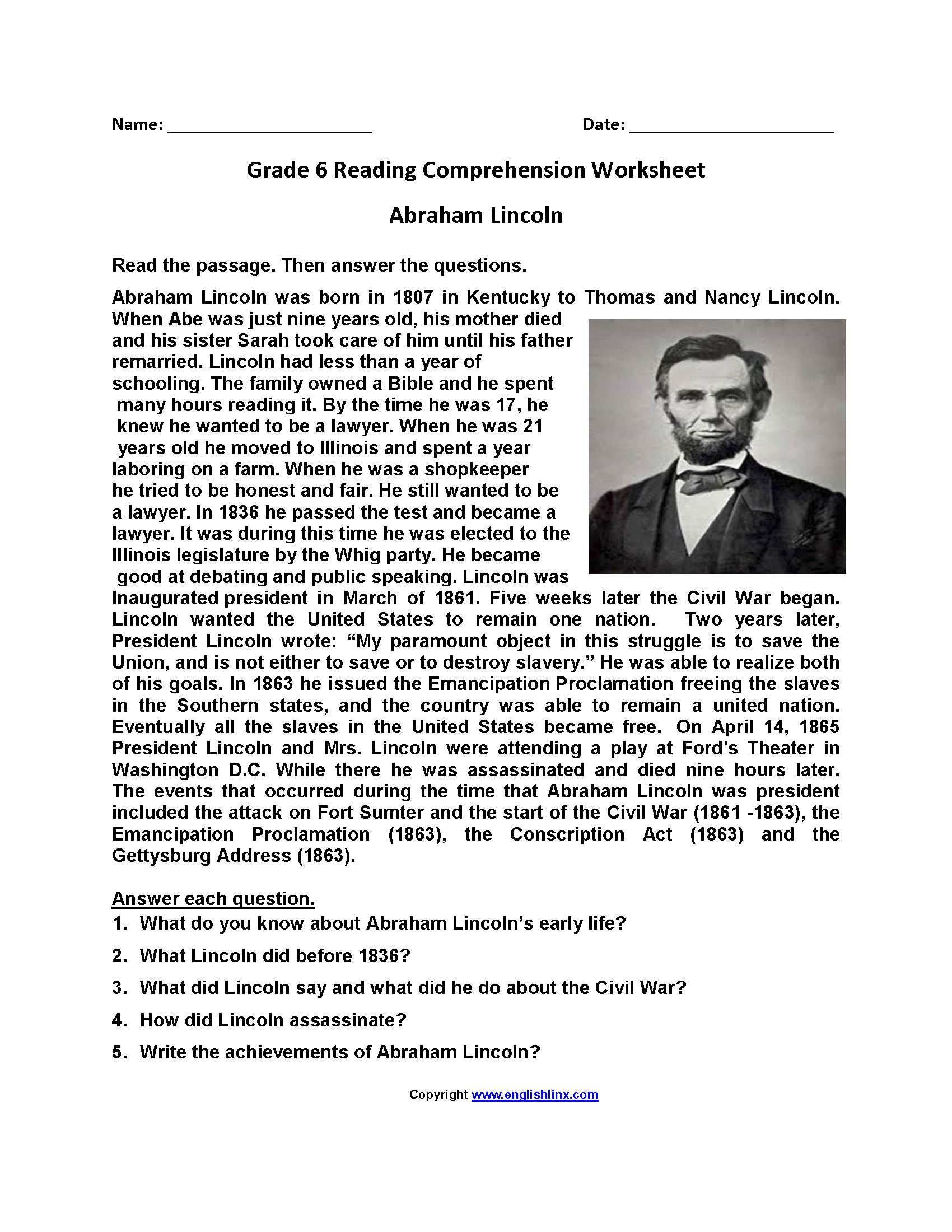 grade 6 reading comprehension free english worksheets