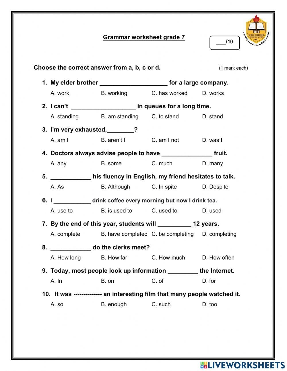 Grammar Worksheets For 7th Grade Printable
