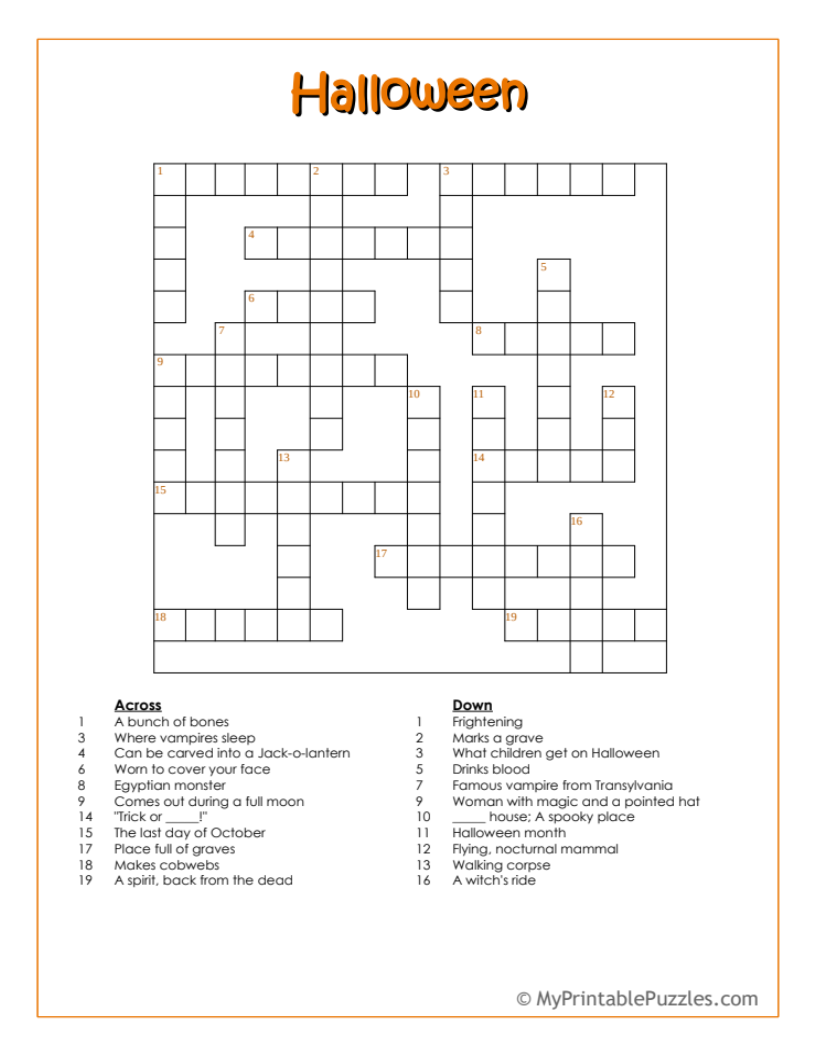 Halloween Crossword Printable Pdf