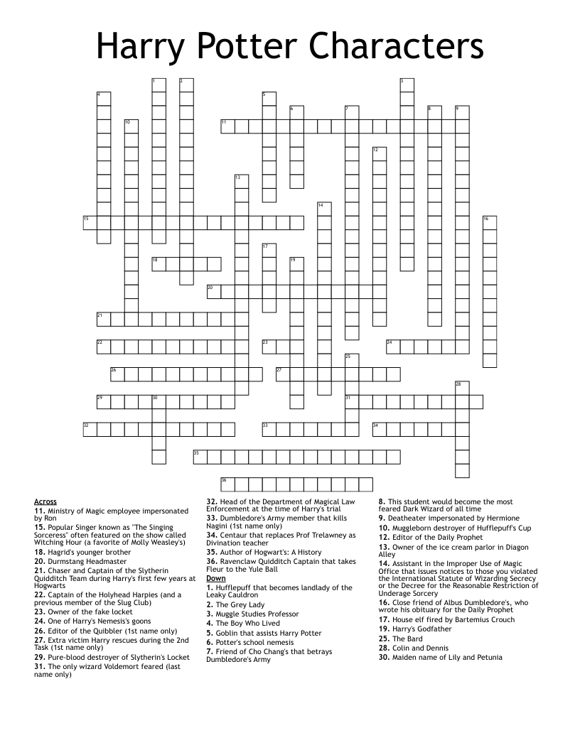 Harry Potter Characters Crossword WordMint