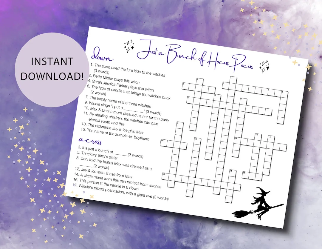 Hocus Pocus Party Crossword Puzzle Printable Trivia Halloween Game Etsy