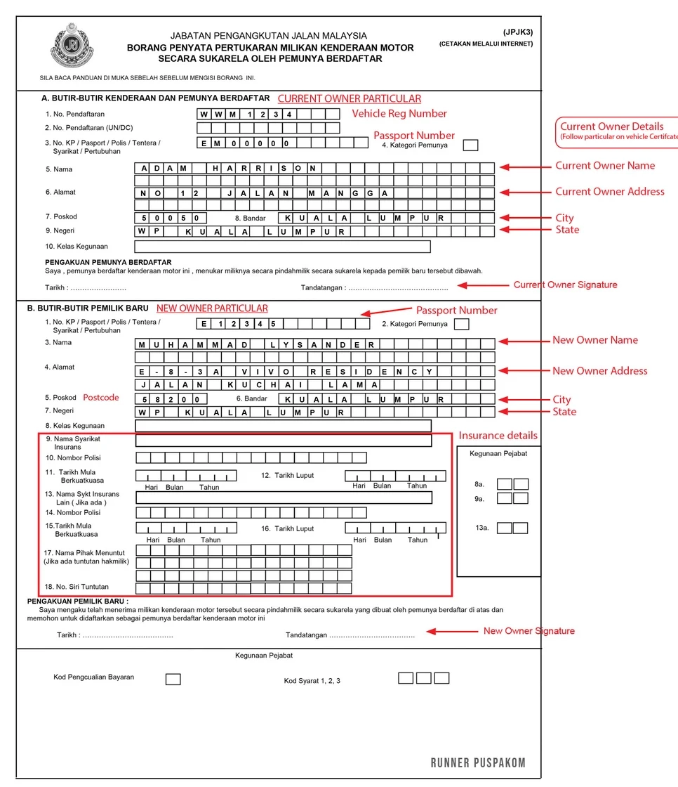 How To Fill Up JPJ Ownership Transfer Form Runner Puspakom