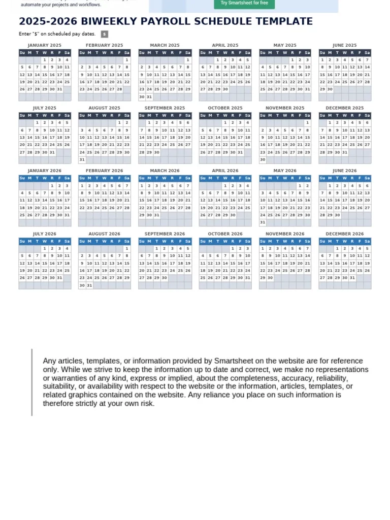 2026 Biweekly Payroll Calendar Printable
