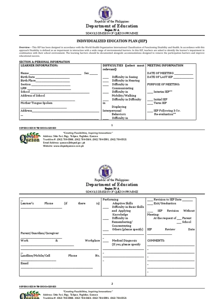 IEP Template PDF Individualized Education Program Cognitive 