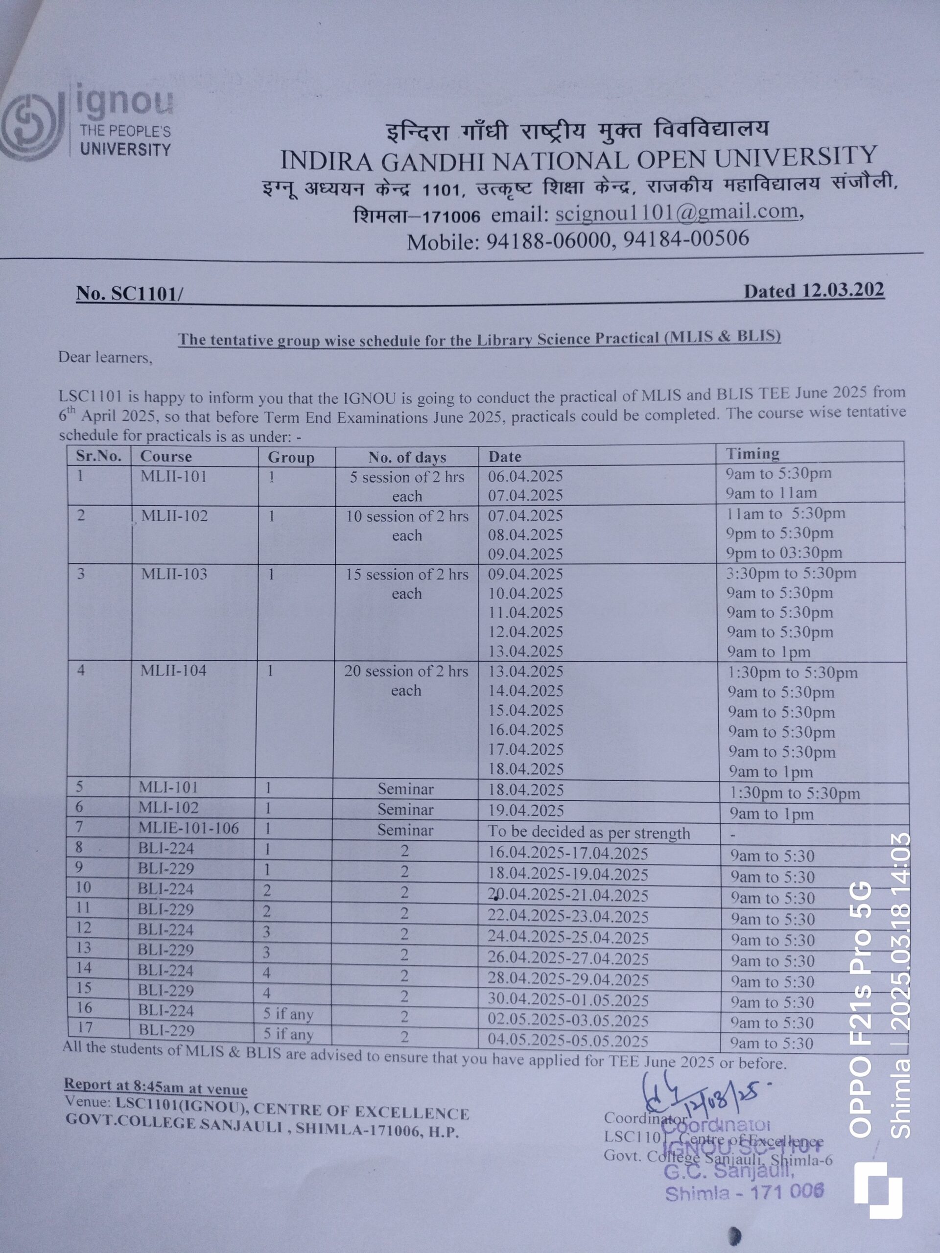 ignou rc shimla announcements latest blis mlis practical