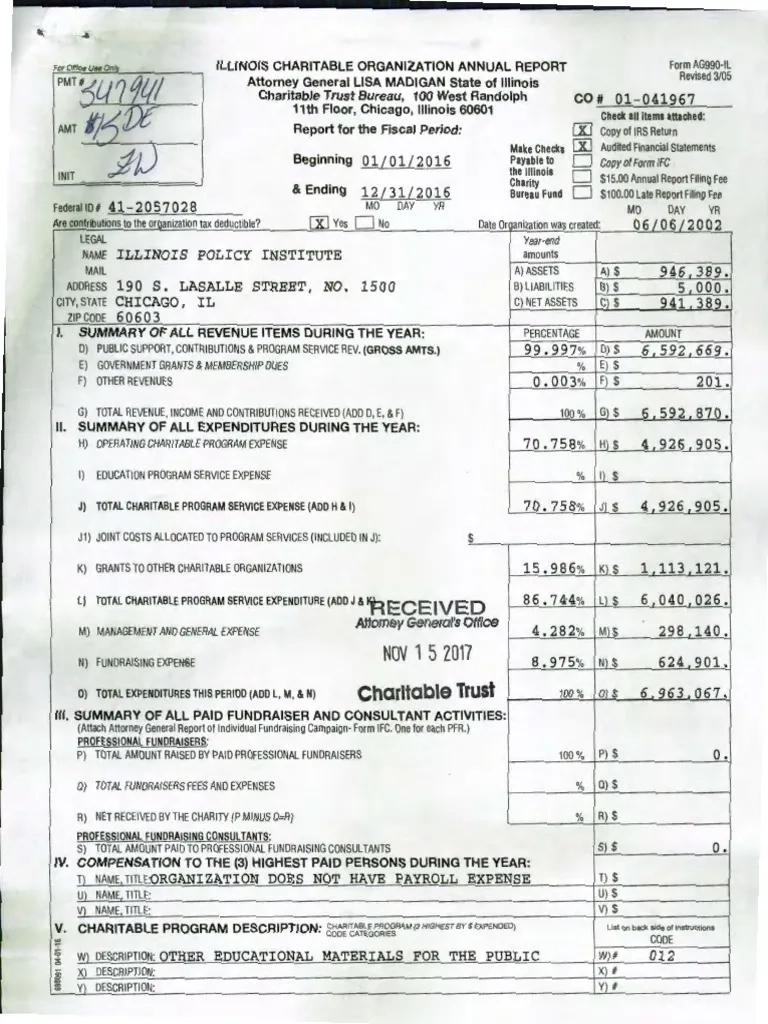 Illinois Policy Institute s 2016 Tax Return IRS Form 990 PDF 