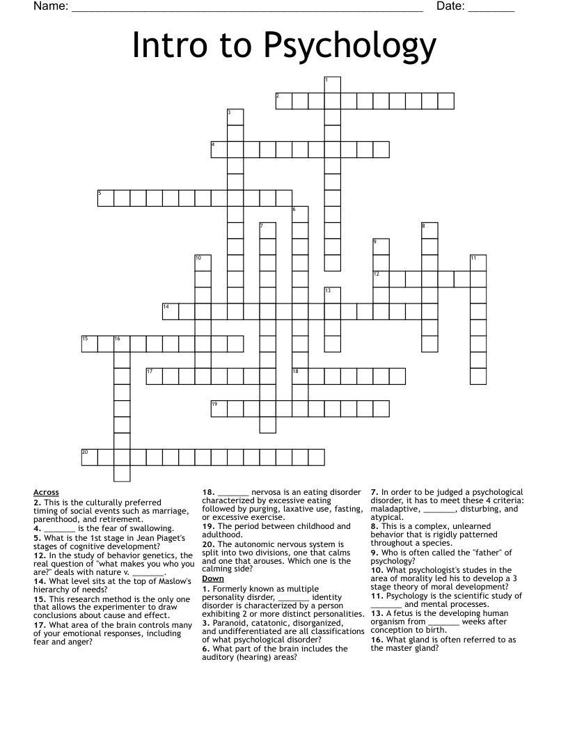 Psychology Crossword Puzzles Printable 5th Grade