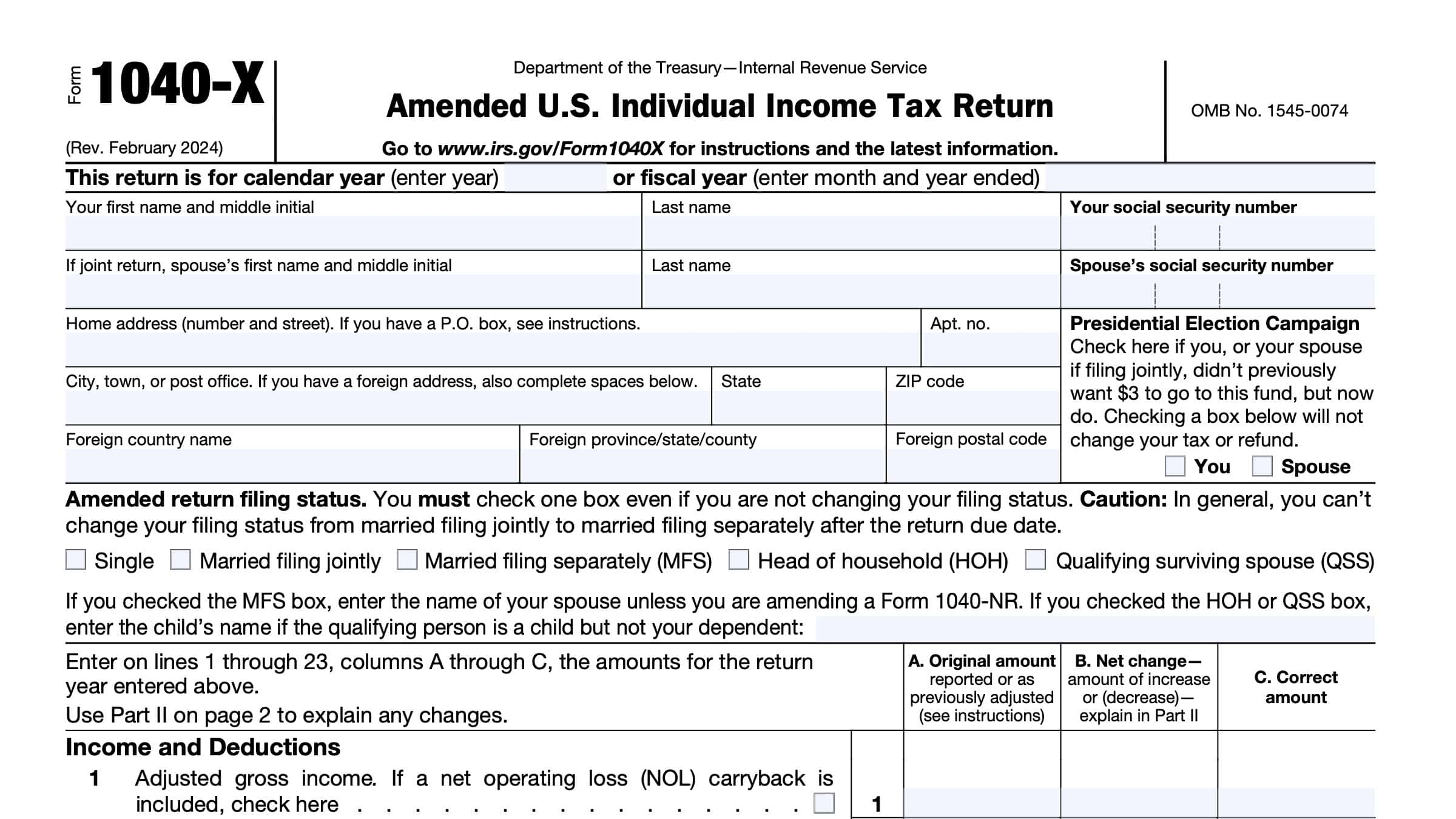 IRS Form 1040 X Instructions Amended Tax Return