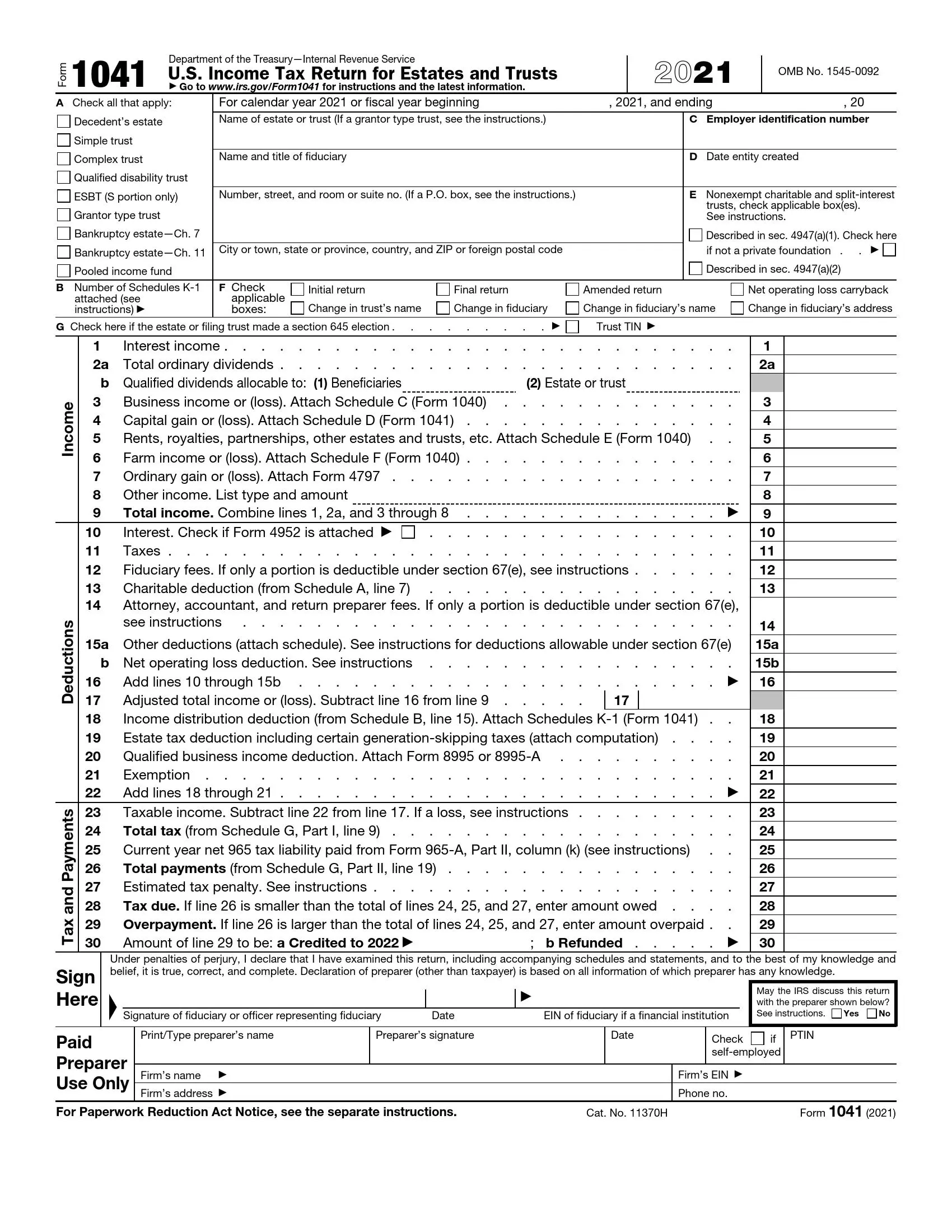 IRS Form 1041 Fill Out Printable PDF Forms Online
