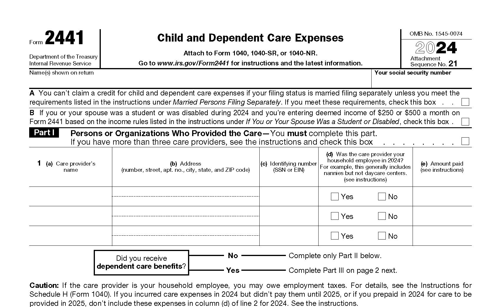 IRS Form 2441 Child And Dependent Care Expenses