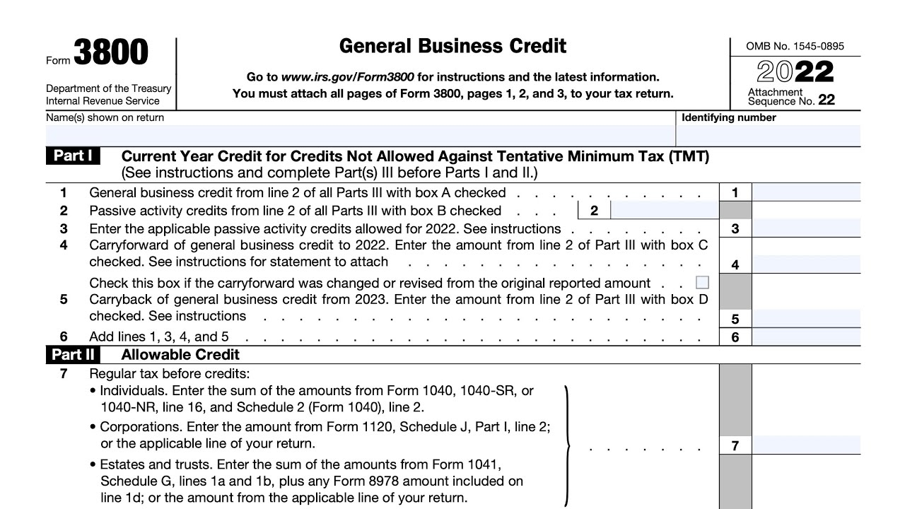 IRS Form 3800 Instructions General Business Credit