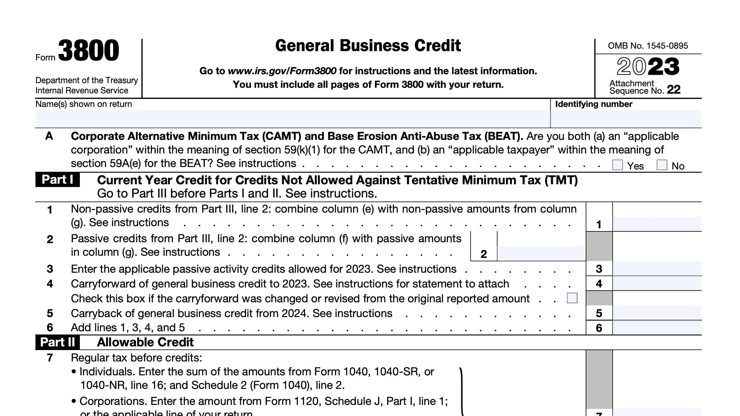 IRS Form 3800 Instructions General Business Credit