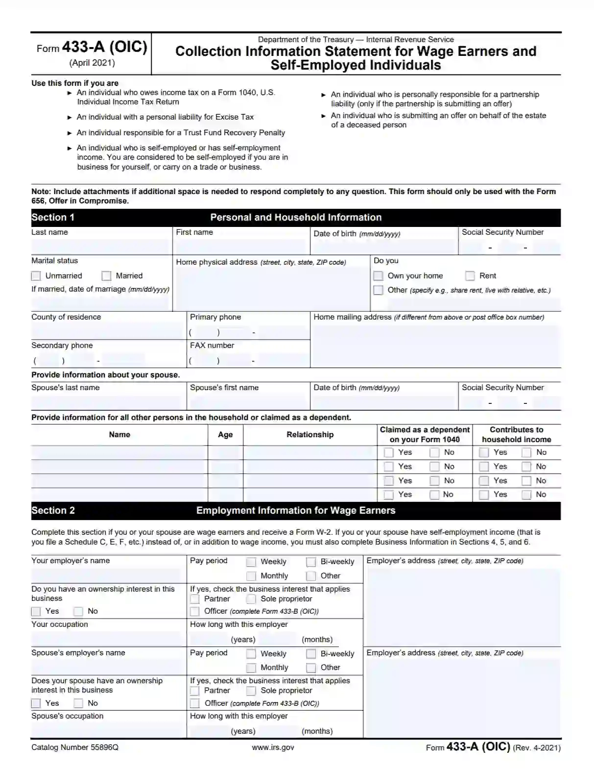 IRS Form 433 A OIC Fill Out Printable PDF Forms Online
