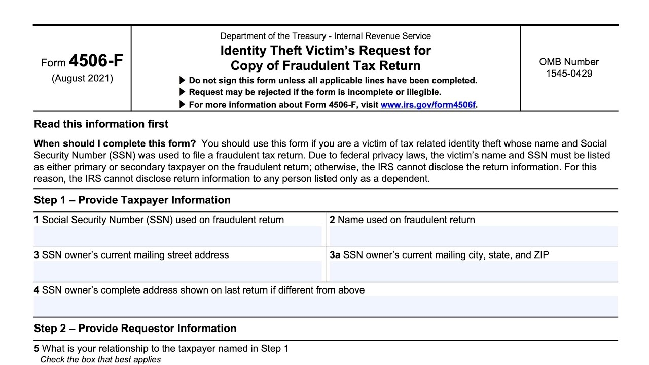 IRS Form 4506 F Walkthrough Identity Theft Victim s Request For Copy Of Fraudulent Tax Return 